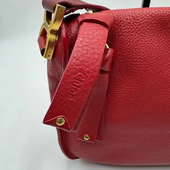 Chloe Marcie Scarlet Red Leather with Burgundy Crossbody Saddle Bag Auth - Picture 7 of 16
